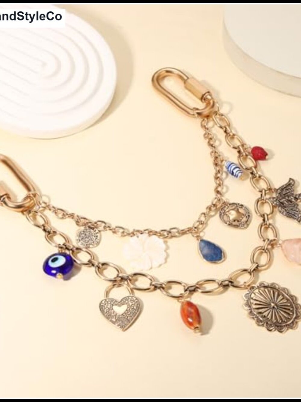 Vintage Gold Chain Bag Charm Purse Extender Evil Eye Heart Boho - Picture 3 of 5